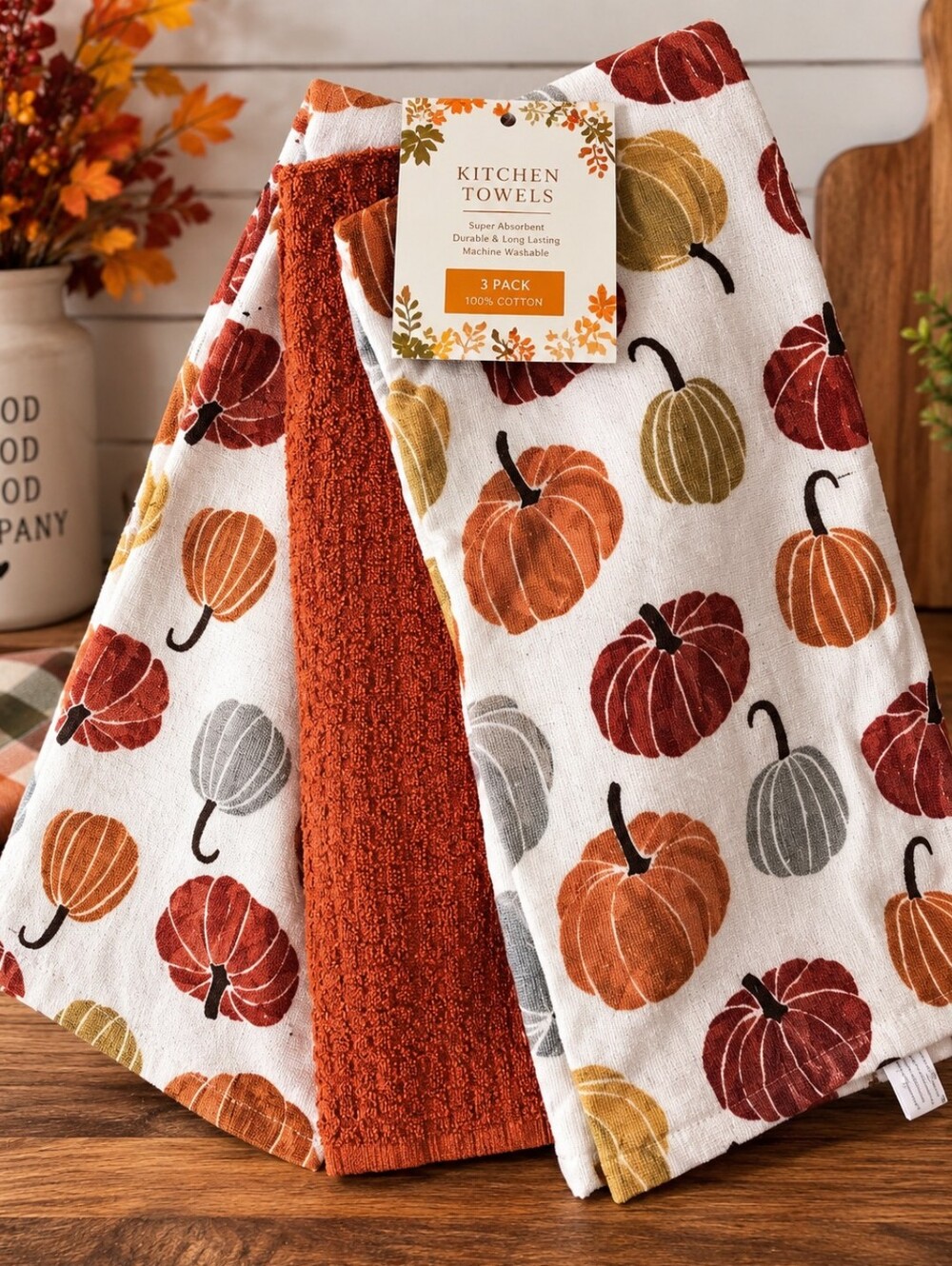 Autumn Pumpkin Kitchen Towel Set – Rust, White & Gold Accents